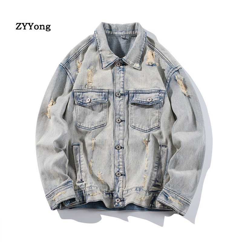 Bomber Jacket Men - Мужская рваная джинсовая куртка-бомбер, хлопковая Свободная