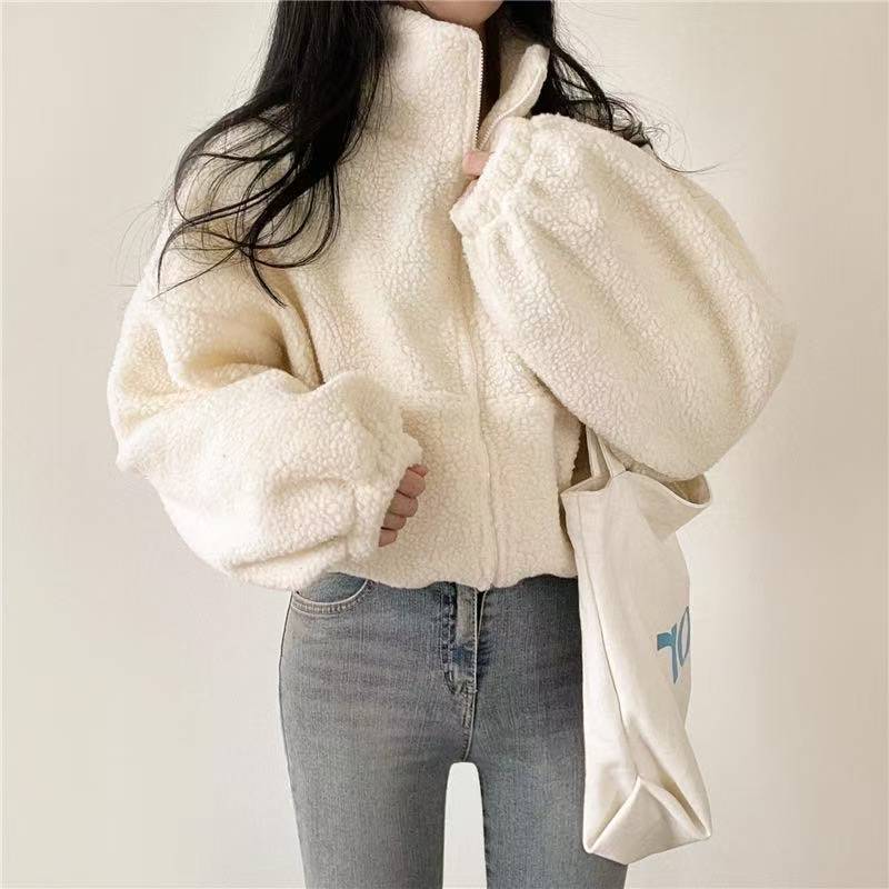 Sherpa Jacket Fleece - Женская укороченная толстовка с воротником-стойкой на